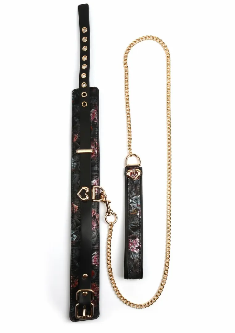 Obojek s vodítkem GEISHA Floral Jacquard, veganská kůže, černý - obrázek 2