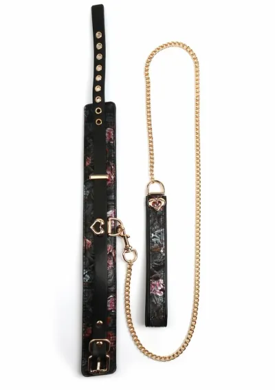 Obojek s vodítkem GEISHA Floral Jacquard, veganská kůže, černý - obrázek 2