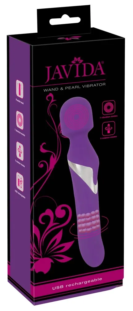 Oboustranný vibrátor Javida Wand & Pearl, masážní hlavice a rotační perličky, 24 cm