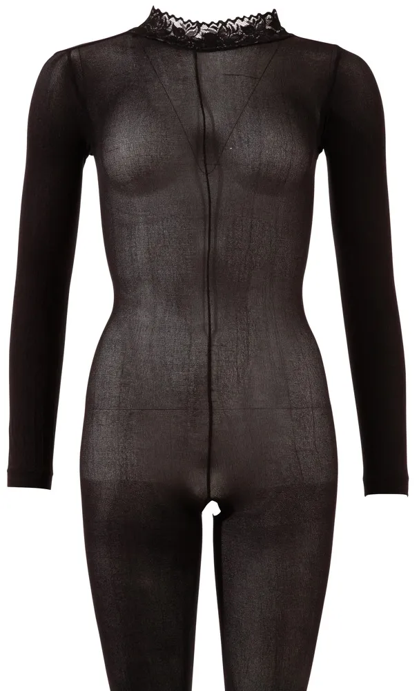 Síťový catsuit Cottelli Collection s krajkovým límečkem, černý, M/L - obrázek 7