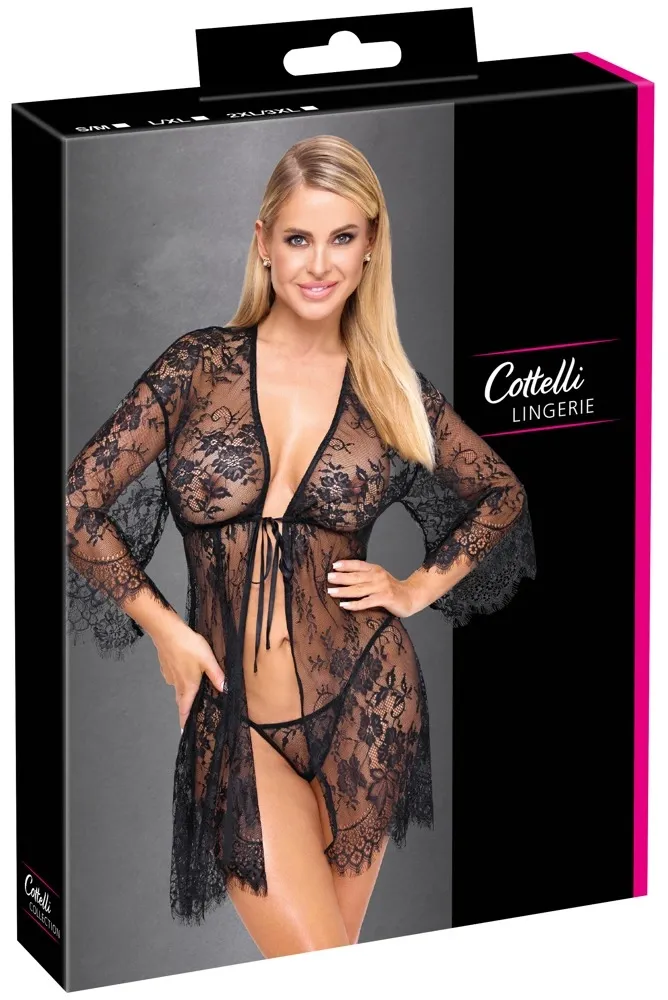 Krajkové kimono Cottelli LINGERIE s tangami, černé, průsvitné, 2XL/3XL