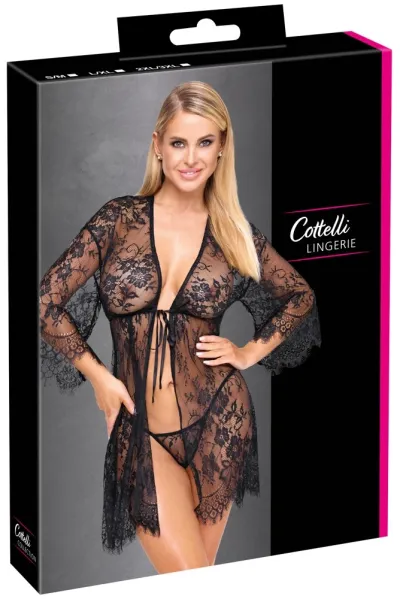 Krajkové kimono Cottelli LINGERIE s tangami, černé, průsvitné, 2XL/3XL