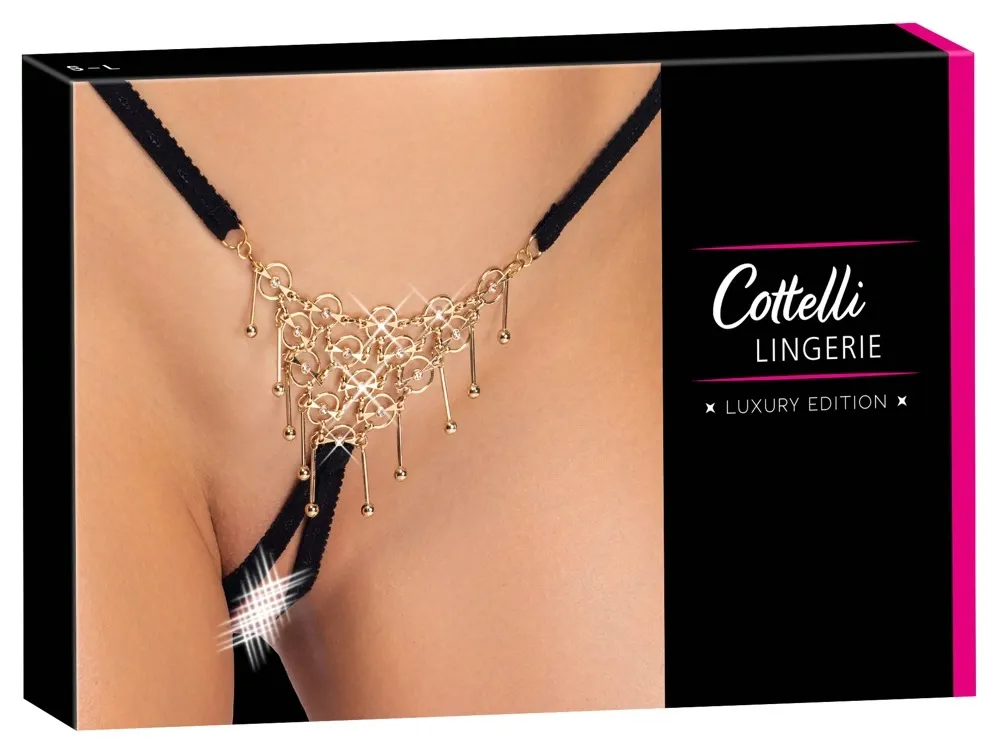 Tanga s otevřeným rozkrokem Cottelli LINGERIE se zdobením, černá, S-L