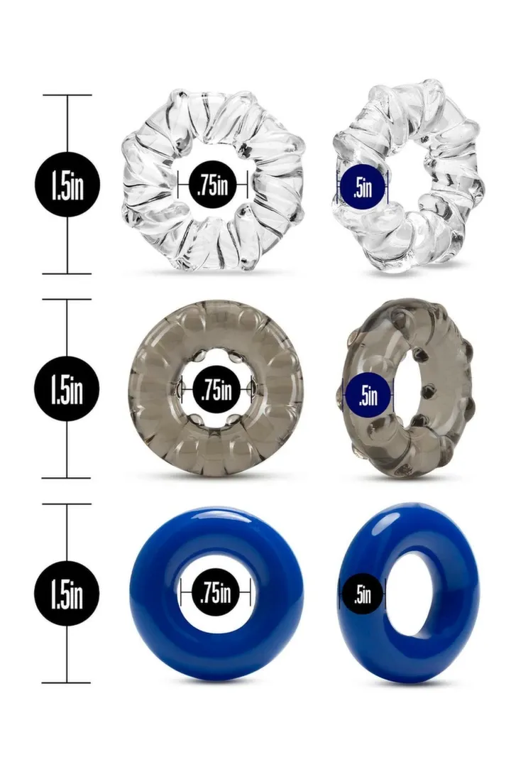 Erekční kroužky STAY HARD Triple Stretch, 3 ks, pružné, TPE, černé - obrázek 4