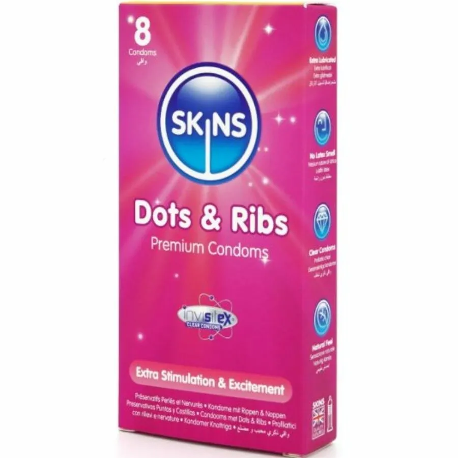 Vroubkované kondomy Skins Dots & Ribs, 8 ks - obrázek 2