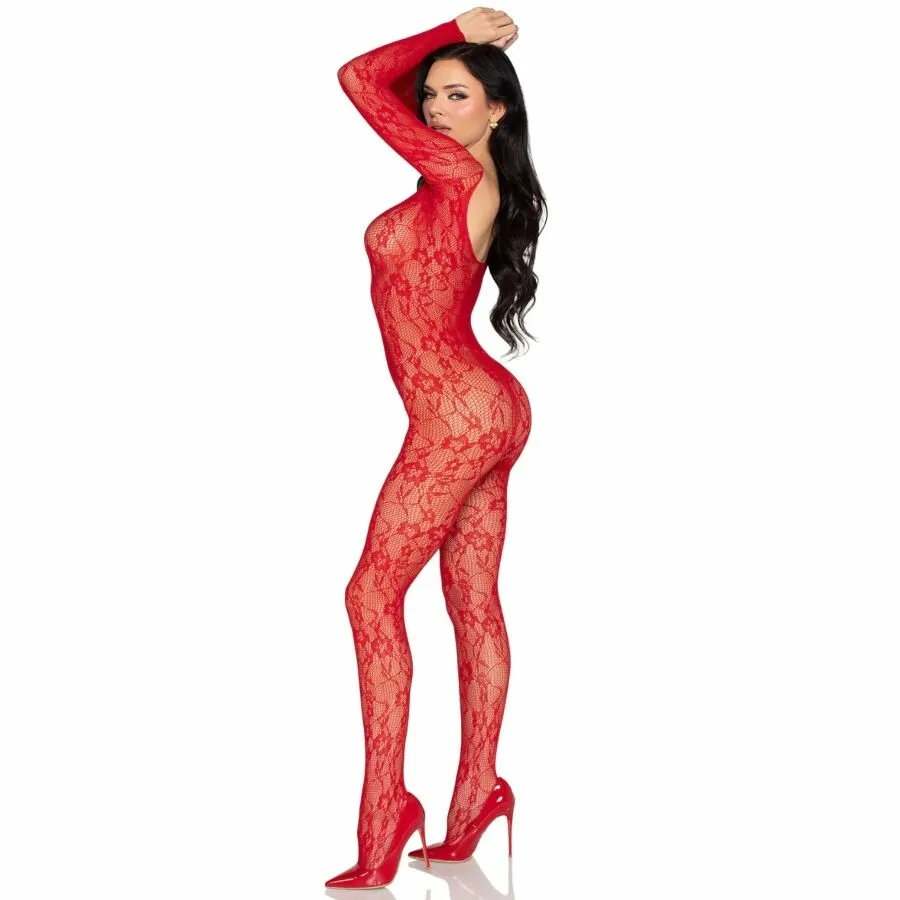 Krajkový bodystocking Leg Avenue 89366, červený, univerzální velikost - obrázek 4