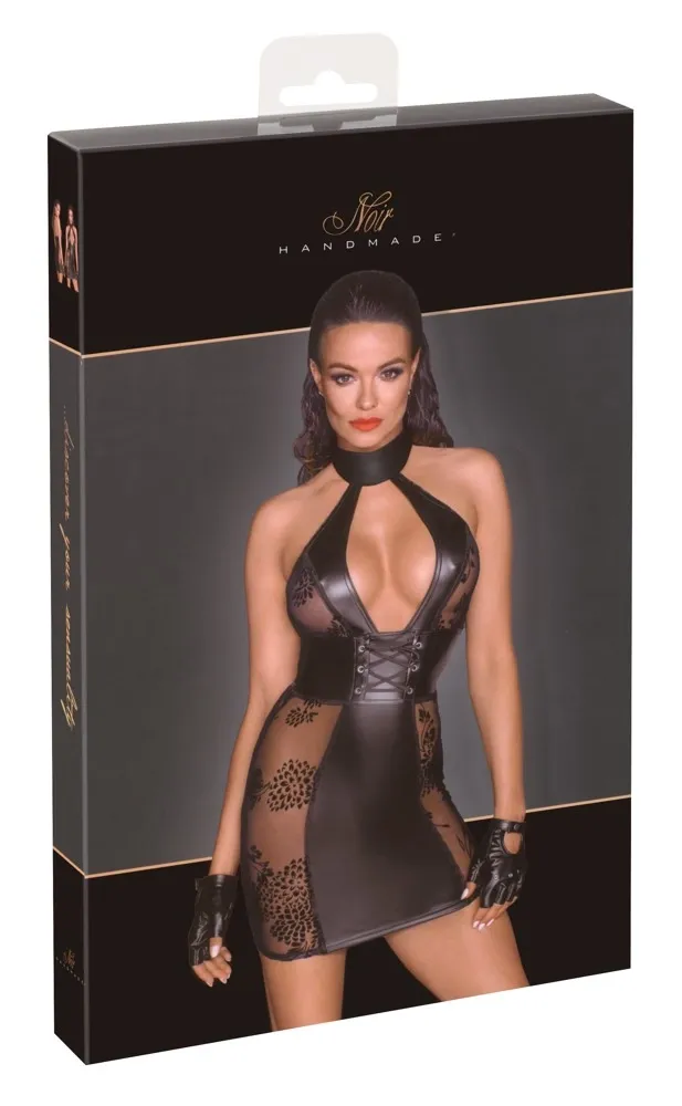 Mini šaty Noir Handmade s chokerem, matné s průsvitnými panely, černé, L