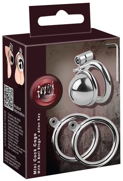 Kovová klec cudnosti Fetish Collection Mini Cock Cage se 3 kroužky, stříbrná, 4,3 cm