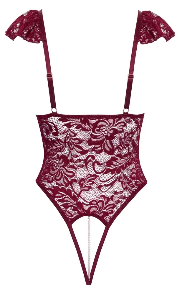 Krajkové body Cottelli Lingerie Body Pearls s odnímatelnými perlami, bordó, S - obrázek 7
