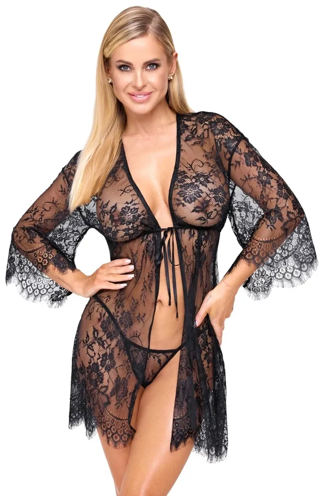 Krajkové kimono Cottelli LINGERIE s tangami, černé, průsvitné, 2XL/3XL - obrázek 2