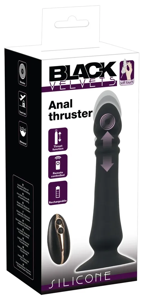 Anální přirážecí vibrátor Black Velvets Anal Thruster s přísavkou a ovladačem, 20 cm