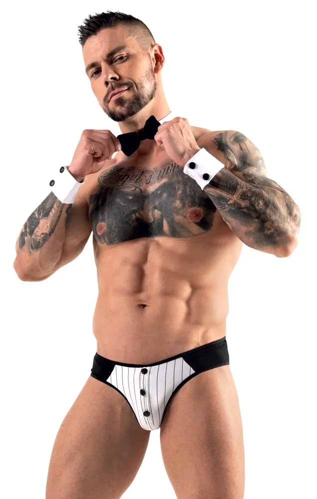 Pánský jockstrap Svenjoyment s proužkovanou vsadkou, manžety a motýlek, černý, S - obrázek 2