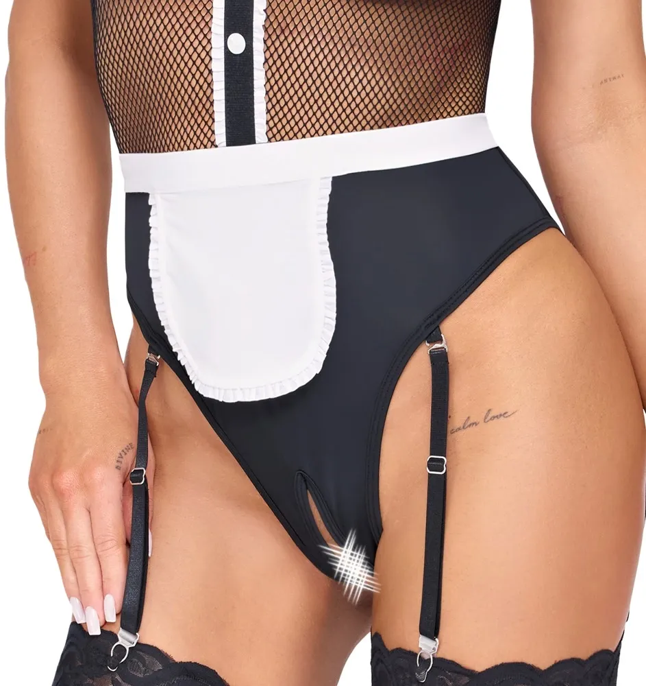 Body pokojské Cottelli COSTUMES Maid Body s podvazky a zástěrkou, černobílé, S - obrázek 7