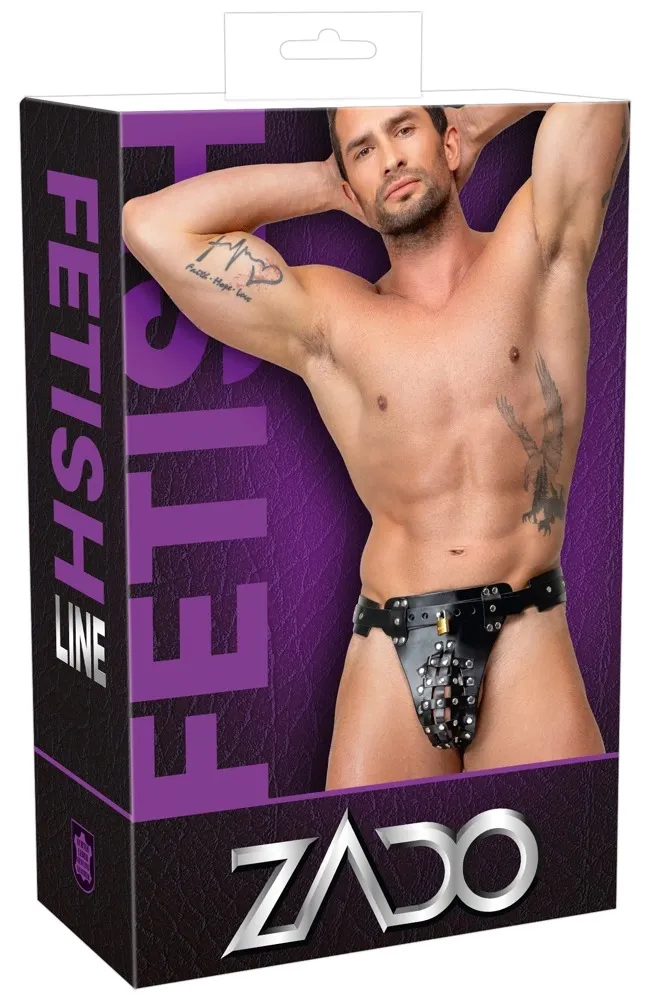 Pánský kožený jockstrap ZADO, uzamykatelný, s kovovými cvoky, černý