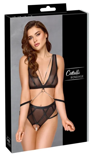 Komplet Cottelli Bondage, podprsenka a kalhotky s otevřeným rozkrokem a pouty, černý, S