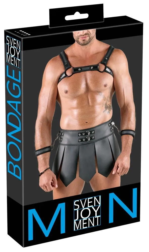 Gladiátorský set Svenjoyment Bondage, sukně, postroj na hrudník a pouta, černý, XL