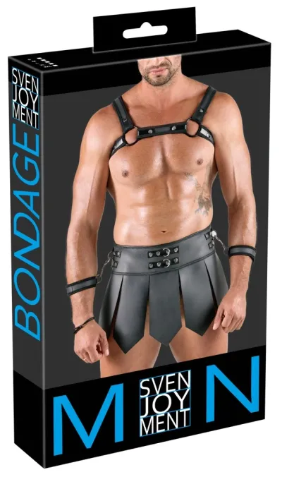 Gladiátorský set Svenjoyment Bondage, sukně, postroj na hrudník a pouta, černý, XL