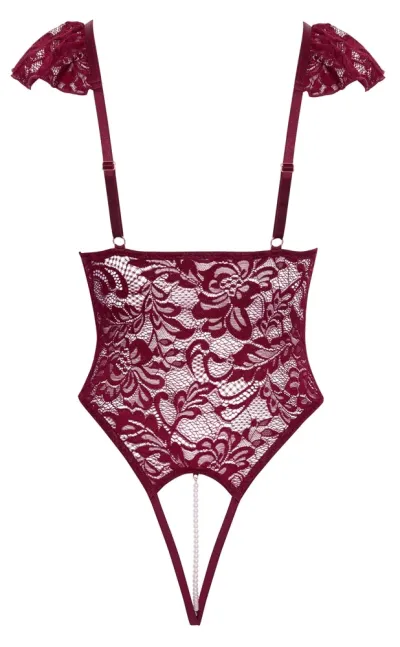 Krajkové body Cottelli Lingerie s odnímatelnými perlami, bordó, M - obrázek 7