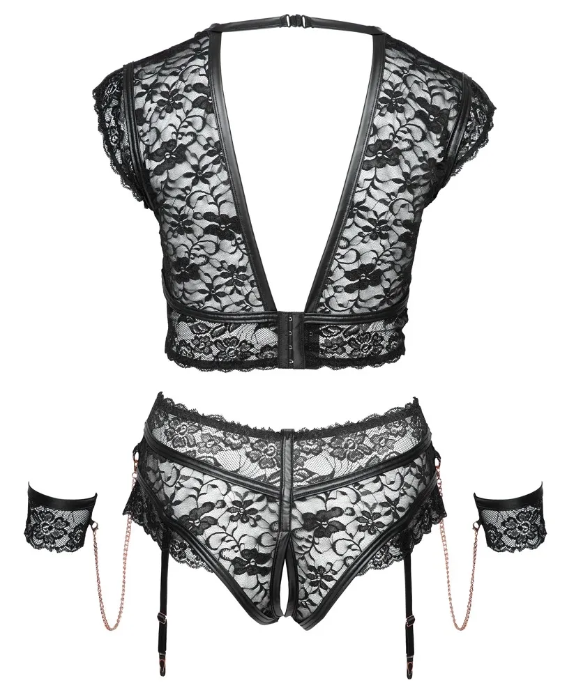 Krajkový komplet Cottelli Bondage s pouty, kalhotky s otevřeným rozkrokem, černý, 4XL - obrázek 7