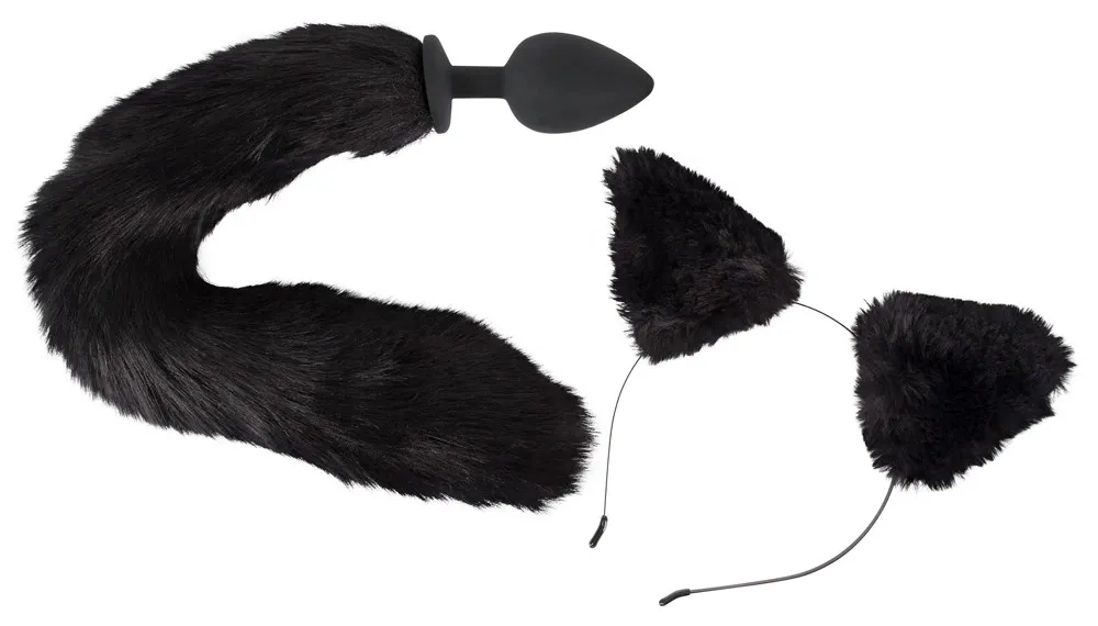 Sada pro pet play Bad Kitty, anální kolík s kočičím ocasem a čelenka s oušky, černá - obrázek 2