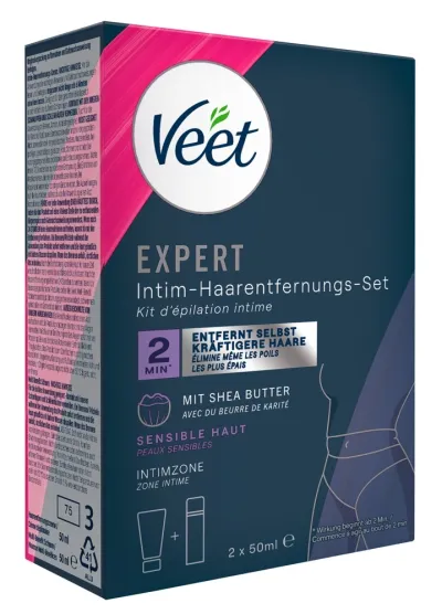 Sada pro depilaci intimních partií Veet Expert s bambuckým máslem, 2 × 50 ml