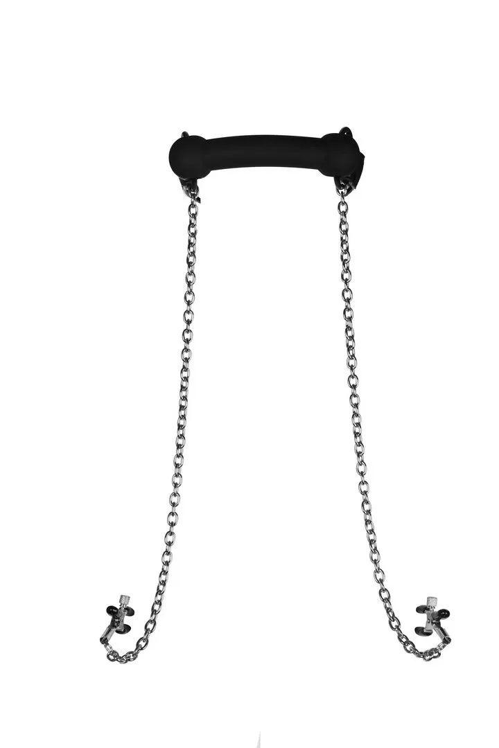 Silikonový roubík s udidlem Sinner Gear se svorkami na bradavky, černý - obrázek 4