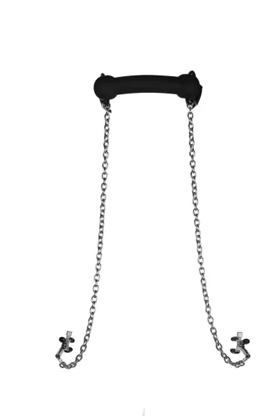 Silikonový roubík s udidlem Sinner Gear se svorkami na bradavky, černý - obrázek 4