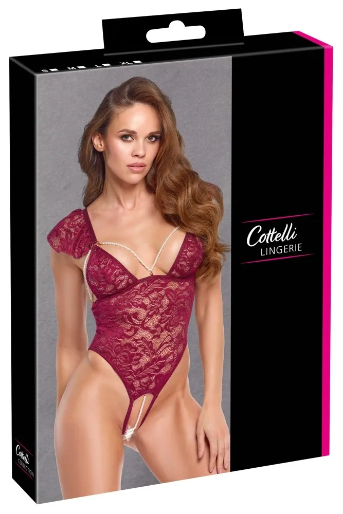 Krajkové body Cottelli Lingerie Body Pearls s odnímatelnými perlami, bordó, S