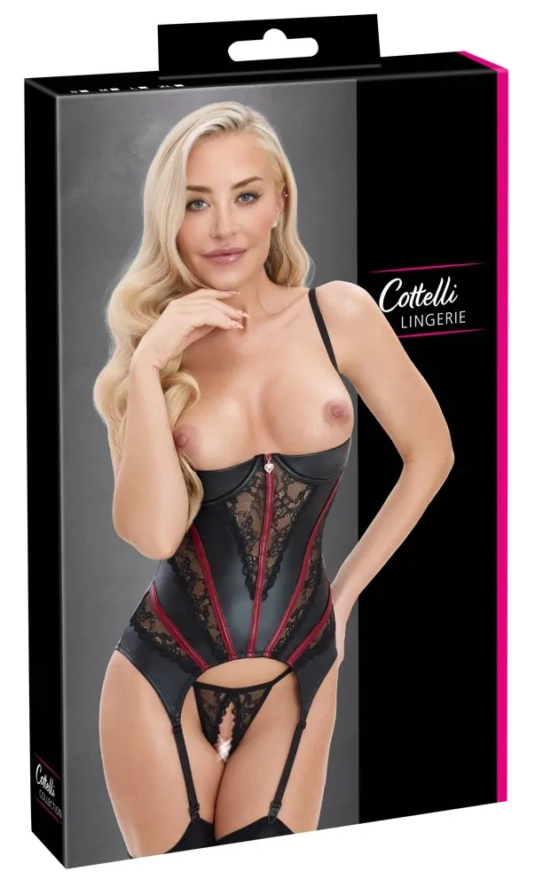 Komplet Cottelli LINGERIE, korzet s polovičními košíčky a krajková tanga, černočervený, S