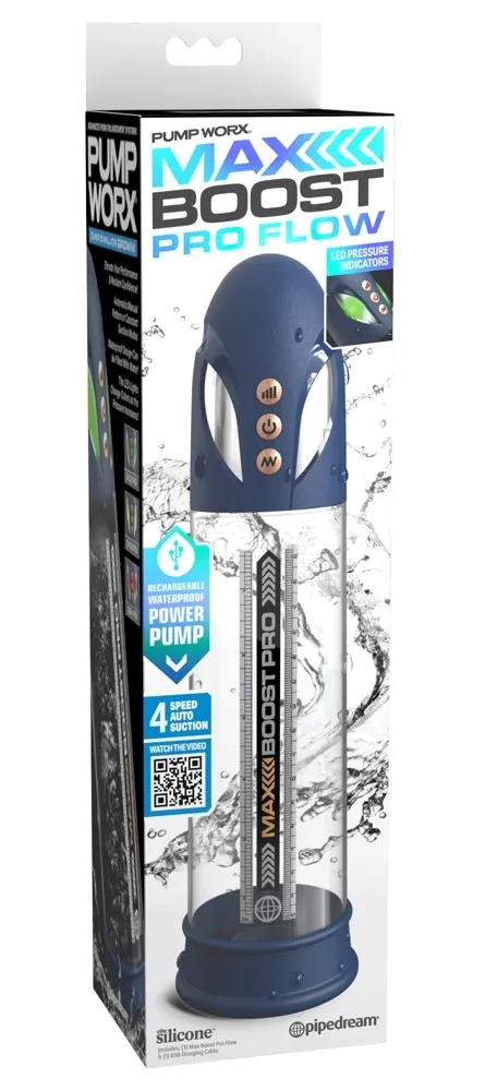 Automatická vakuová pumpa na penis Pump Worx Max Boost Pro Flow, modrá, 30,5 cm