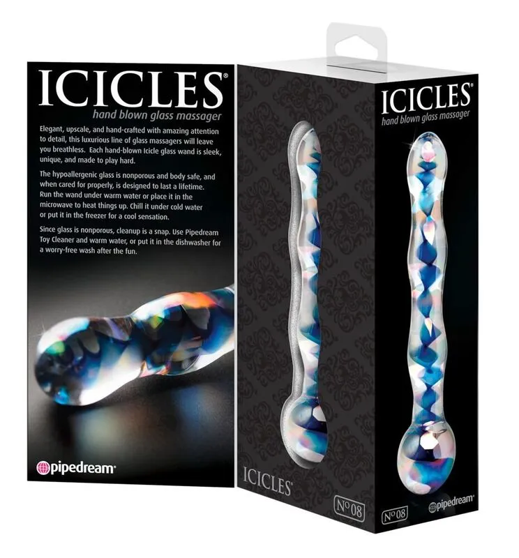Skleněné dildo Icicles No. 8, 17,8 cm, čiré s modrou - obrázek 3