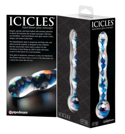 Skleněné dildo Icicles No. 8, 17,8 cm, čiré s modrou - obrázek 3