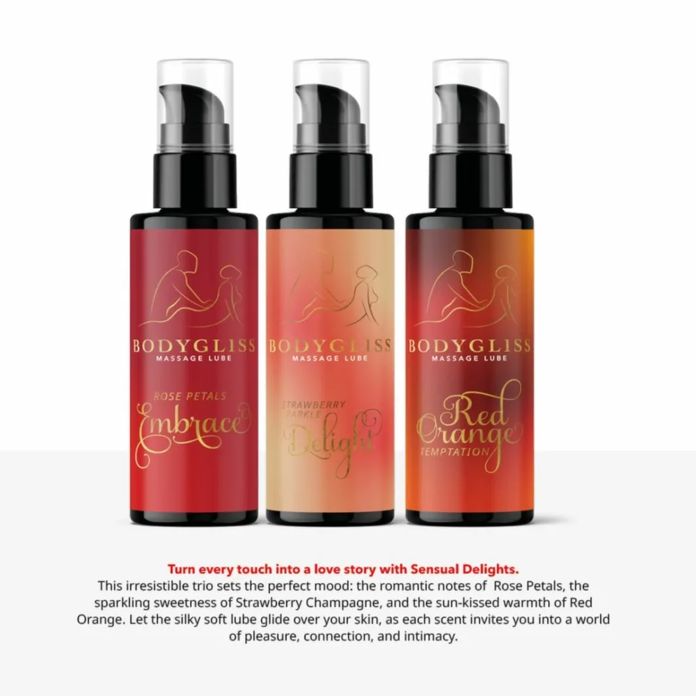 Sada lubrikačních gelů BodyGliss Travel Edition, červený pomeranč, jahoda, růže, 3 × 30 ml - obrázek 2
