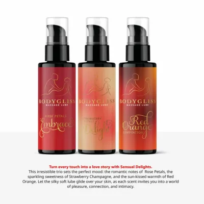 Sada lubrikačních gelů BodyGliss Travel Edition, červený pomeranč, jahoda, růže, 3 × 30 ml - obrázek 2