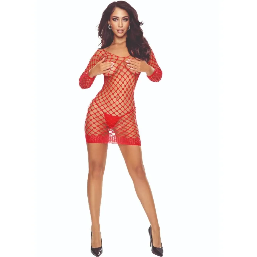 Bodystocking PASSION BS108 s mřížkovým vzorem, červený