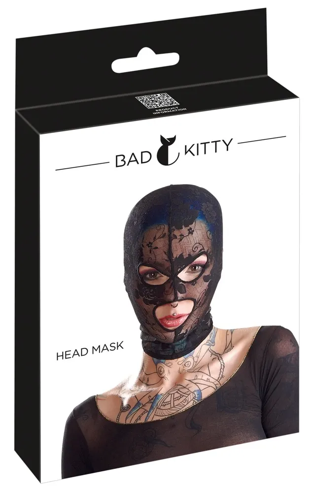 Krajková maska na hlavu Bad Kitty, černá, s otvory pro oči a ústa