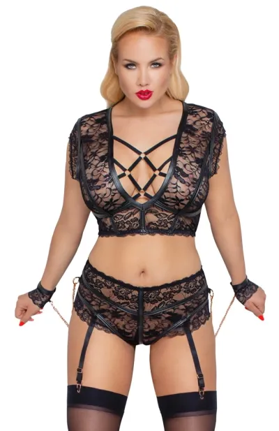 Krajkový komplet Cottelli Bondage s pouty, kalhotky s otevřeným rozkrokem, černý, 4XL - obrázek 2