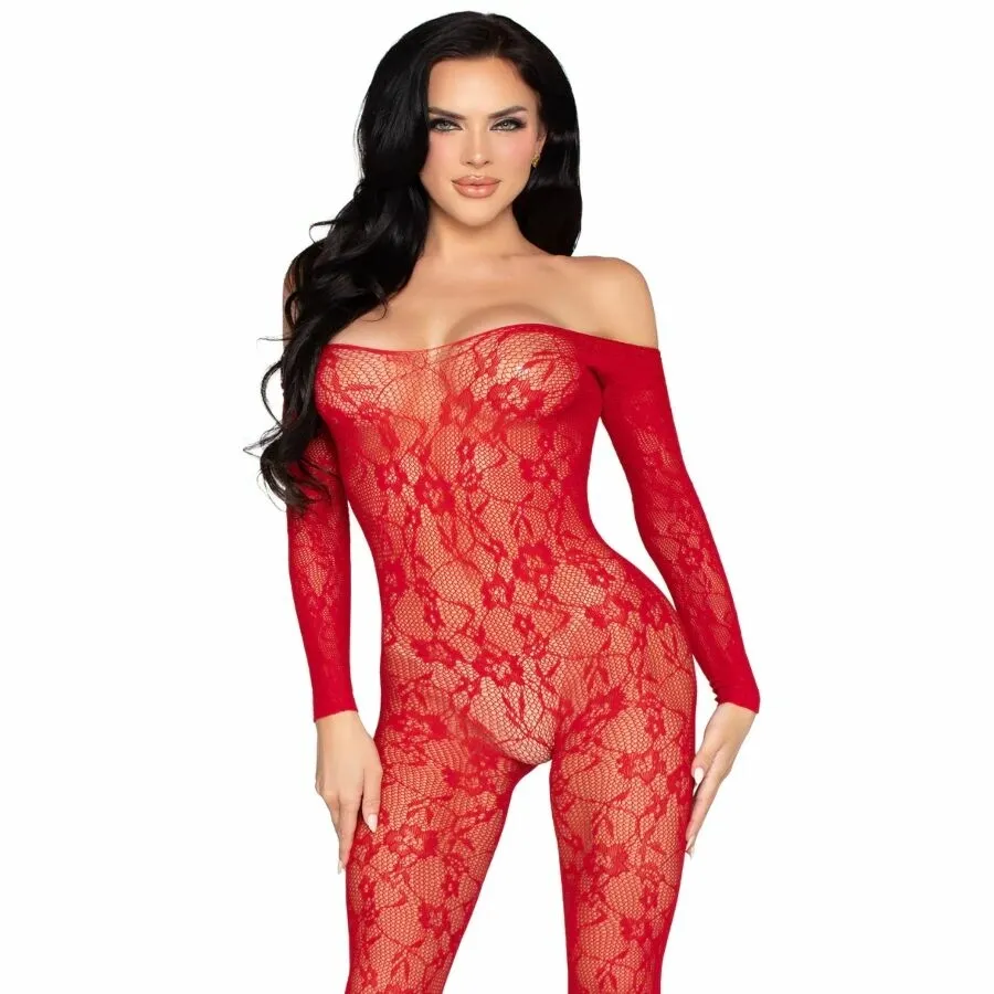 Krajkový bodystocking Leg Avenue 89366, červený, univerzální velikost