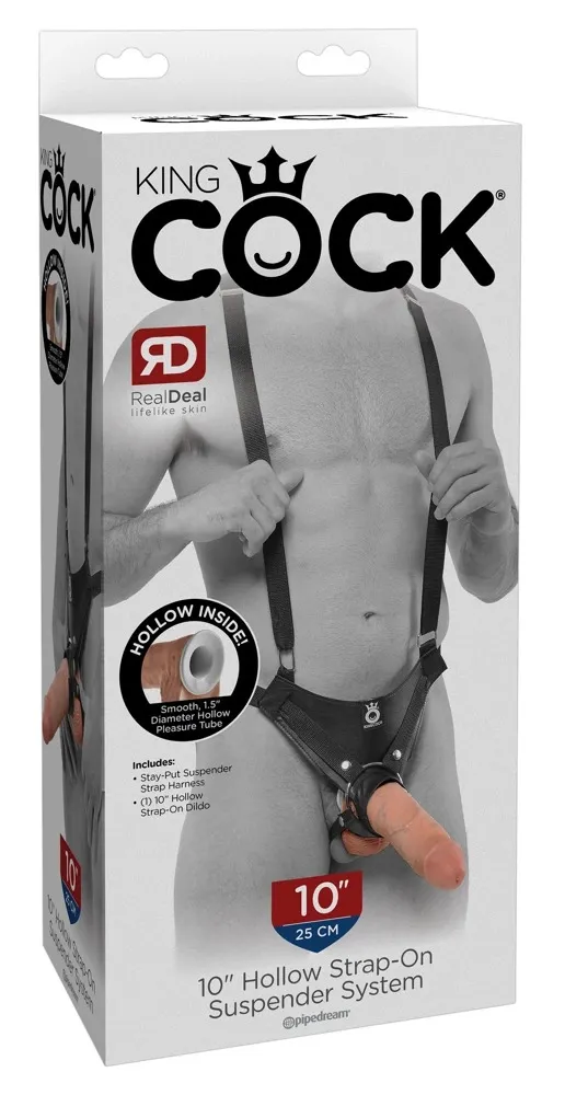 Dutý strap-on King Cock s černými ramenními popruhy, 25,5 cm, tělový
