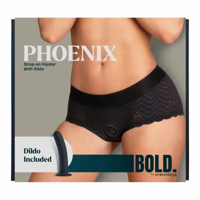 Krajkový postroj na strap-on BOLD. PHOENIX hipster se silikonovým dildem, černý, L