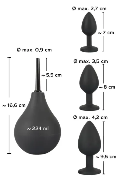 Anální sada Black Velvets, klystýr a 3 anální kolíky se šperkem, silikon - obrázek 8