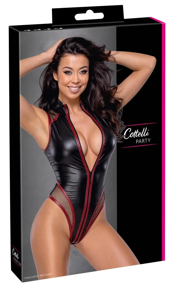 Body Cottelli PARTY se síťovanými vsadkami, zip vpředu, černé s červenou, XL
