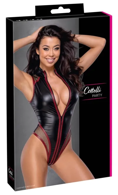 Body Cottelli PARTY se síťovanými vsadkami, zip vpředu, černé s červenou, XL