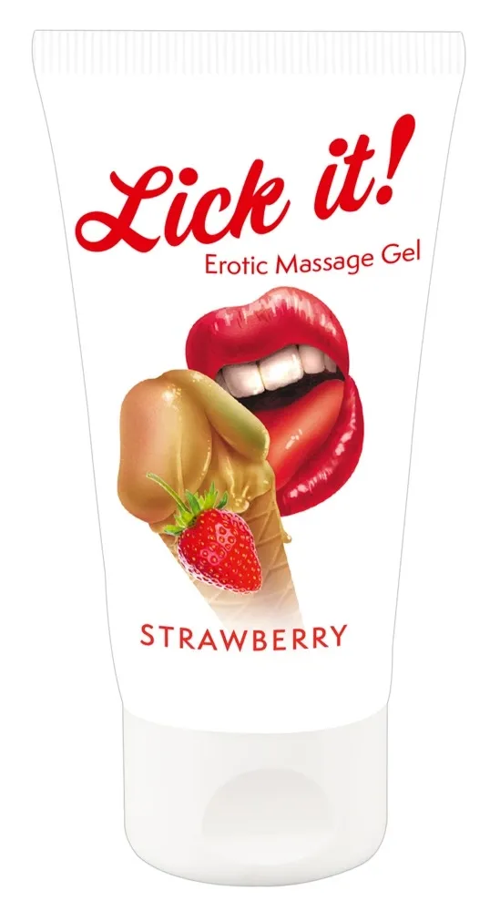 Masážní gel Lick it! na vodní bázi, jahoda, veganský, 50 ml