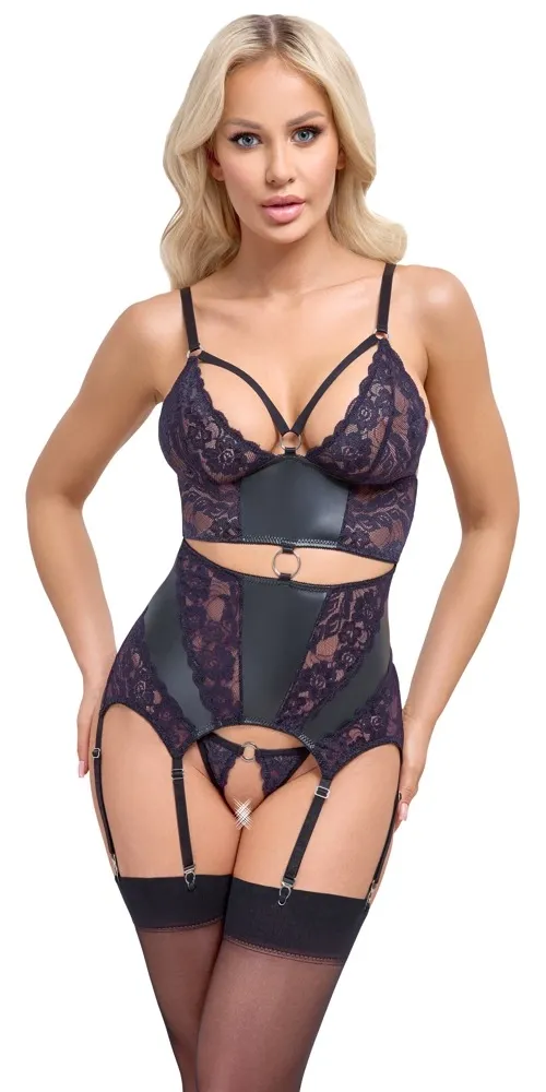 Komplet Cottelli Lingerie, korzet s podvazky a tanga, černý s fialovou krajkou, M - obrázek 2