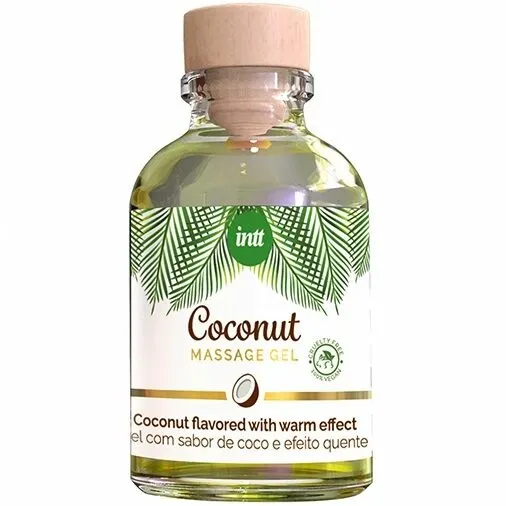 Veganský hřejivý masážní gel INTT s příchutí kokosu, 30 ml