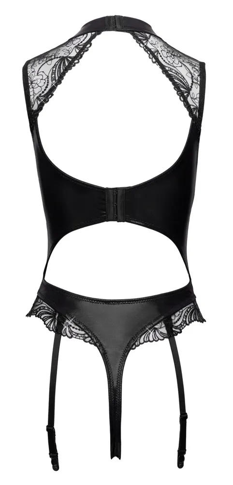 Body Cottelli LINGERIE s podvazky a otevřeným rozkrokem, wetlook a flitry, černé, S - obrázek 7