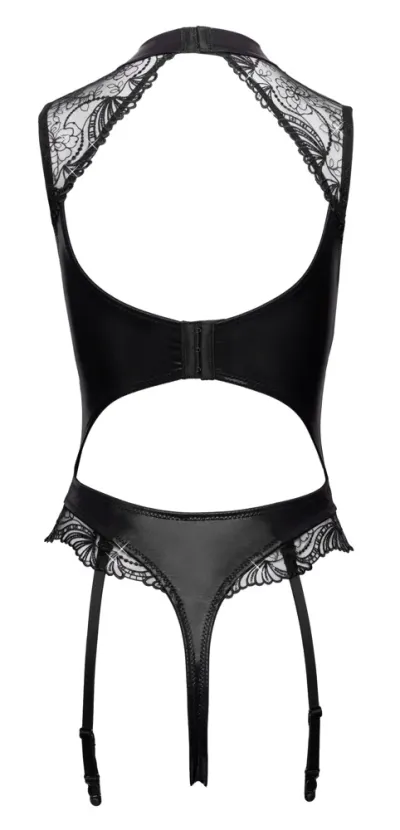 Body Cottelli LINGERIE s podvazky a otevřeným rozkrokem, wetlook a flitry, černé, S - obrázek 7