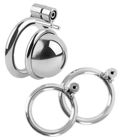 Kovová klec cudnosti Fetish Collection Mini Cock Cage se 3 kroužky, stříbrná, 4,3 cm - obrázek 2