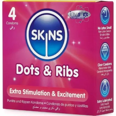 Vroubkované kondomy Skins Dots & Ribs, 4 ks - obrázek 2